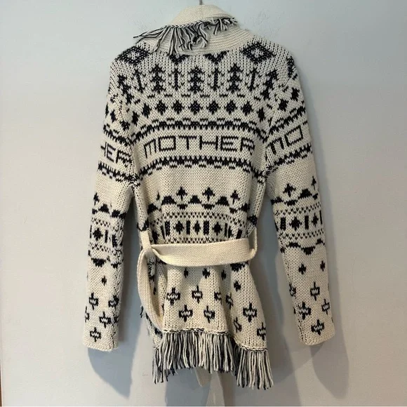 MOTHER Belted Short Cardigan Alpaca Blend Fringe Ivory Navy Blue S NWOT - Picture 8 of 11